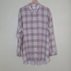 Aritzia Wilfred Shirt Women L Plaid Buttons Silk LS Stepped Hem Lightweight Boho